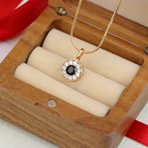 "Black Center Round Pendant in Rose Gold with Crystal Halo, XPPT1595 - Picture 6 of 13